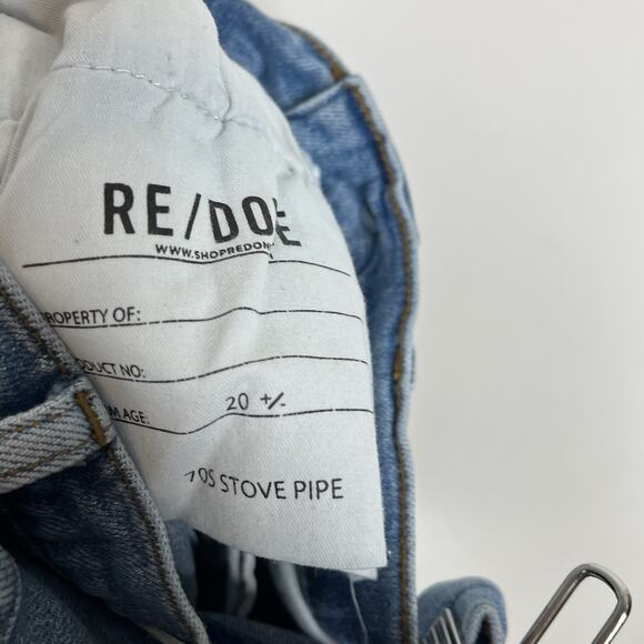 Re/Done 70s Stove Pipe Jeans Womens 24 Distressed High Rise Rodeo Indigo Hole - Picture 7 of 8